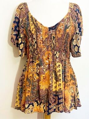 Angie Boho Orange Multi Floral Paisley Smocked Chest Flutter Sleeve Tunic Top 1X